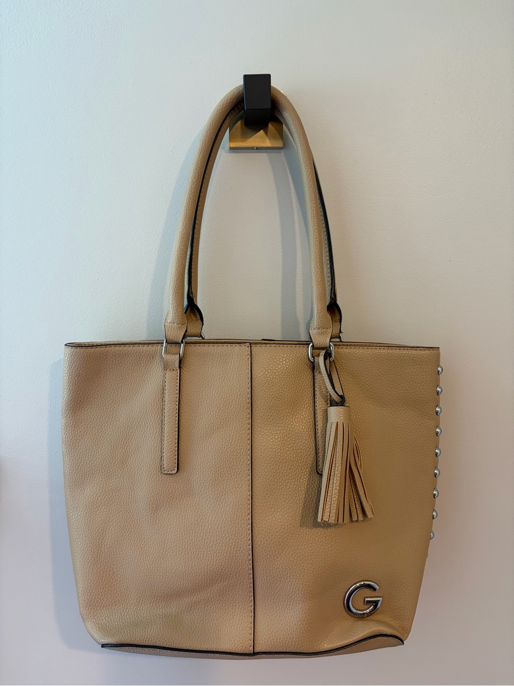 GUESS Beige Faux Leather Tote Bag Purse Leopard Lining with Studs and Tassel